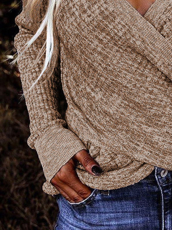 Khaki Oversize V-neck Cross Knit Sweaters