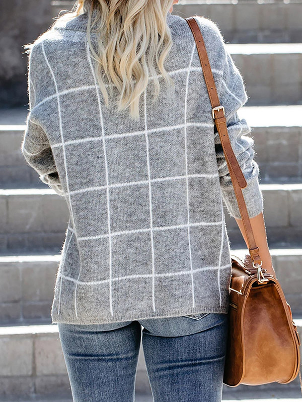 Grey Funnel Neck Street Knit Sweaters With Plaid Pattern