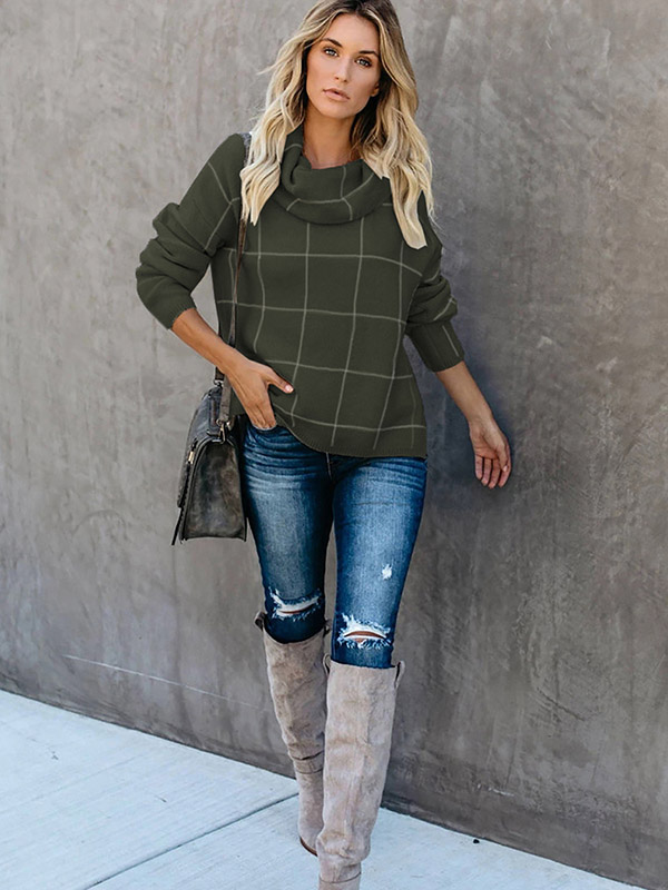 Green Funnel Neck Street Knit Sweaters With Plaid Pattern