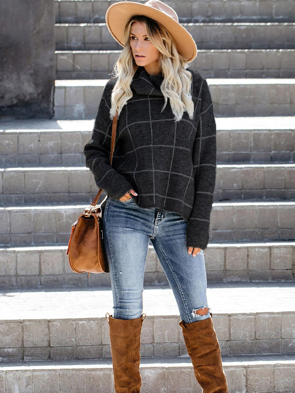 Black Funnel Neck Street Knit Sweaters With Plaid Pattern