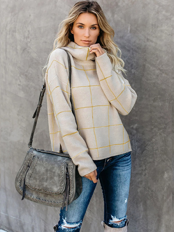 Beige Funnel Neck Street Knit Sweaters With Plaid Pattern