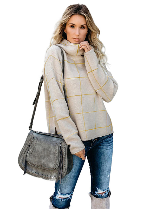 Beige Funnel Neck Street Knit Sweaters With Plaid Pattern