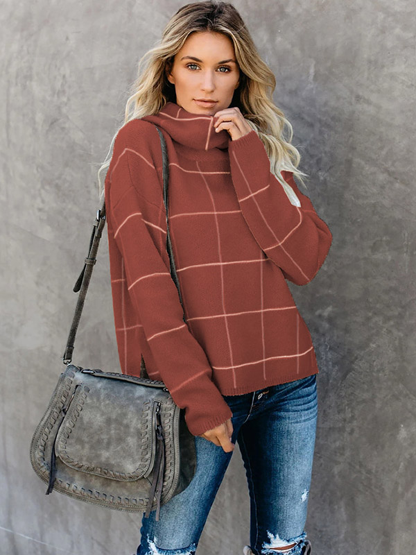 Brown Funnel Neck Street Knit Sweaters With Plaid Pattern