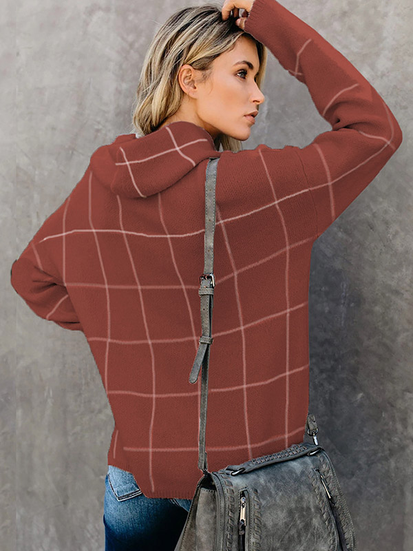 Brown Funnel Neck Street Knit Sweaters With Plaid Pattern