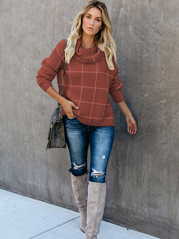 Brown Funnel Neck Street Knit Sweaters With Plaid Pattern