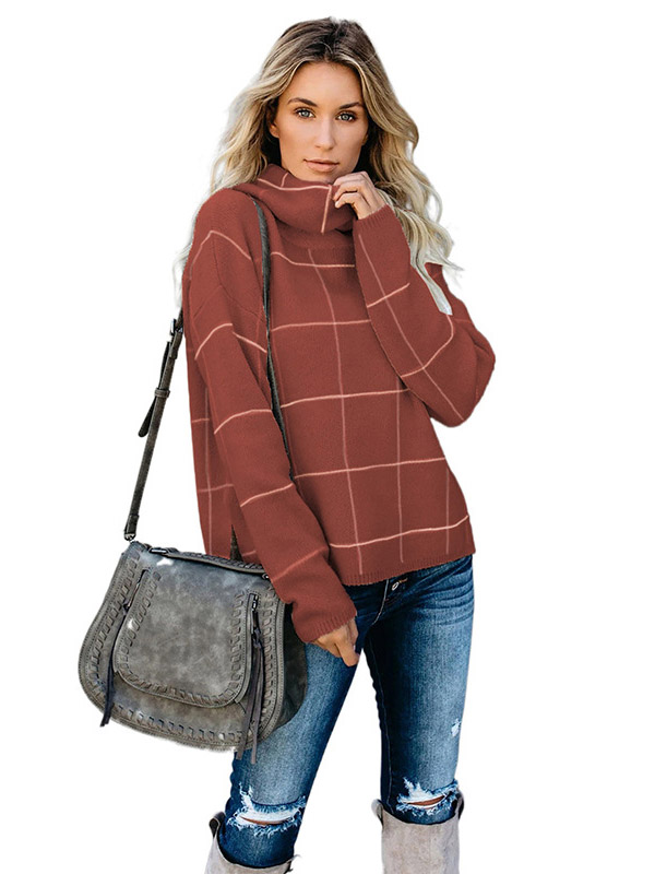 Brown Funnel Neck Street Knit Sweaters With Plaid Pattern