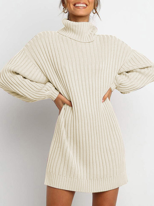 Apricot Oversize Funnel Neck A-line Midi Knit Dresses