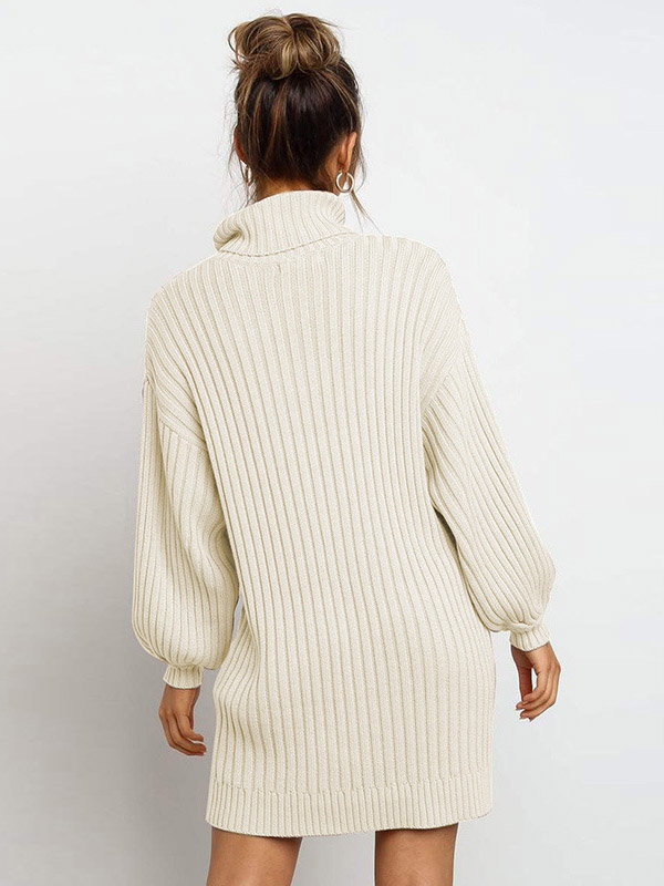 Apricot Oversize Funnel Neck A-line Midi Knit Dresses