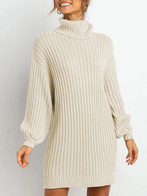 Apricot Oversize Funnel Neck A-line Midi Knit Dresses