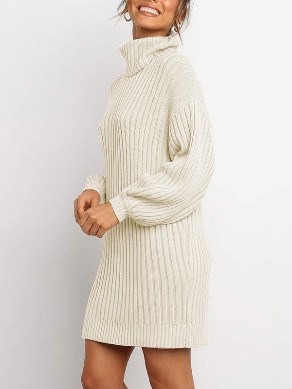 Apricot Oversize Funnel Neck A-line Midi Knit Dresses