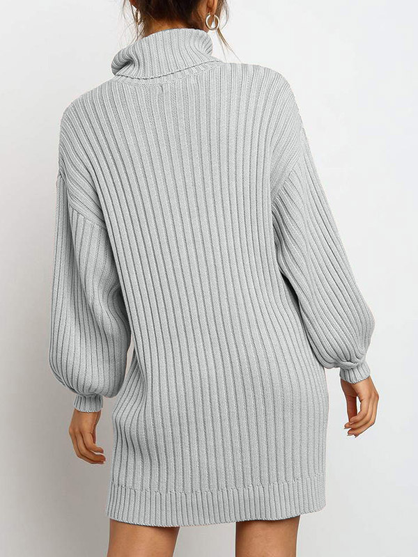 Grey Oversize Funnel Neck A-line Midi Knit Dresses