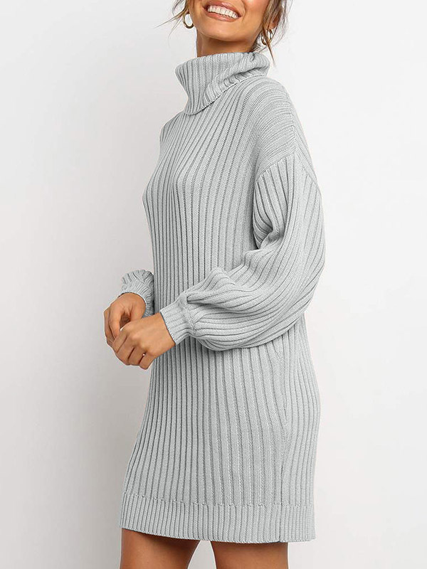 Grey Oversize Funnel Neck A-line Midi Knit Dresses