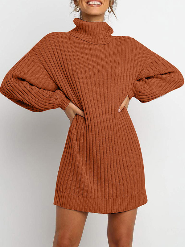 Brown Oversize Funnel Neck A-line Midi Knit Dresses