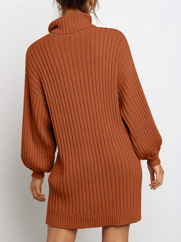 Brown Oversize Funnel Neck A-line Midi Knit Dresses