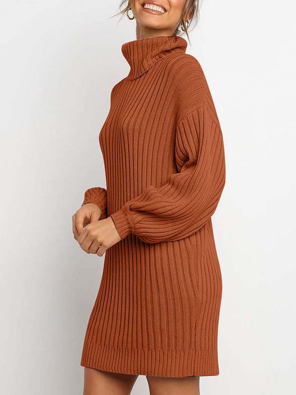 Brown Oversize Funnel Neck A-line Midi Knit Dresses