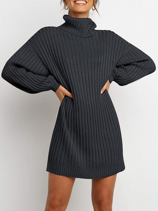 Black Oversize Funnel Neck A-line Midi Knit Dresses