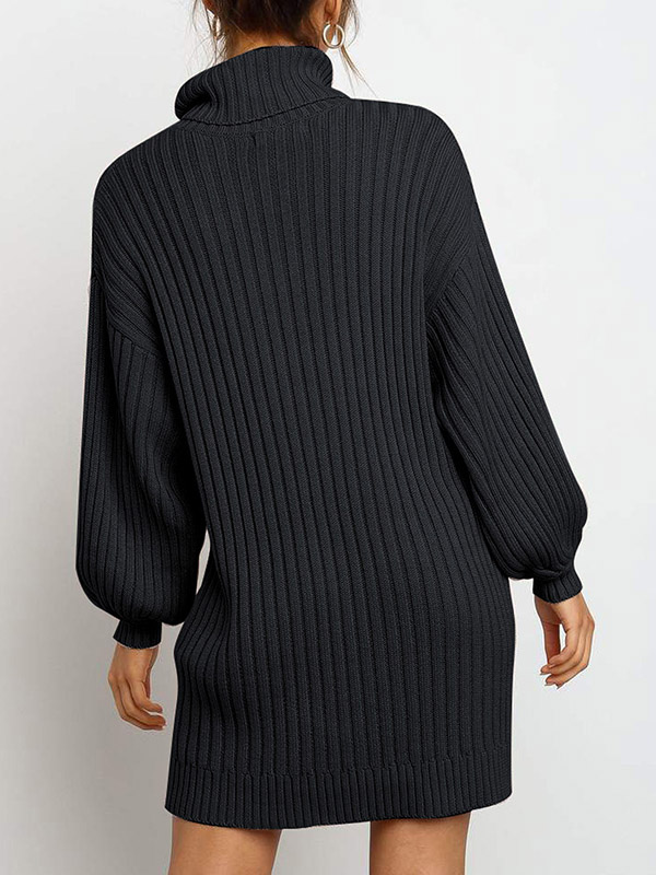 Black Oversize Funnel Neck A-line Midi Knit Dresses