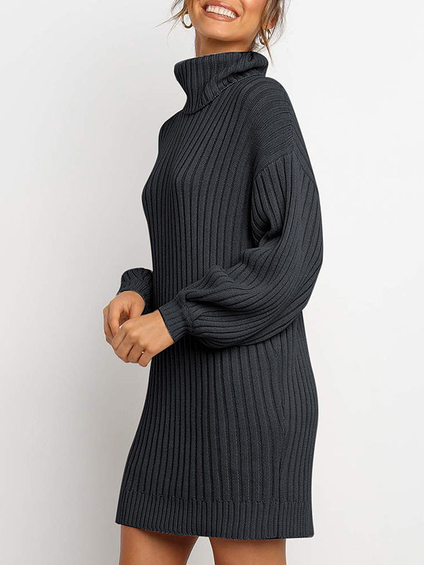 Black Oversize Funnel Neck A-line Midi Knit Dresses