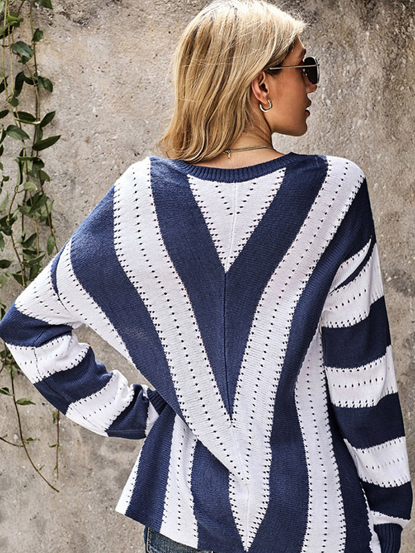 Blue Oversize V-neck Knit Sweaters With Stripes Patterns