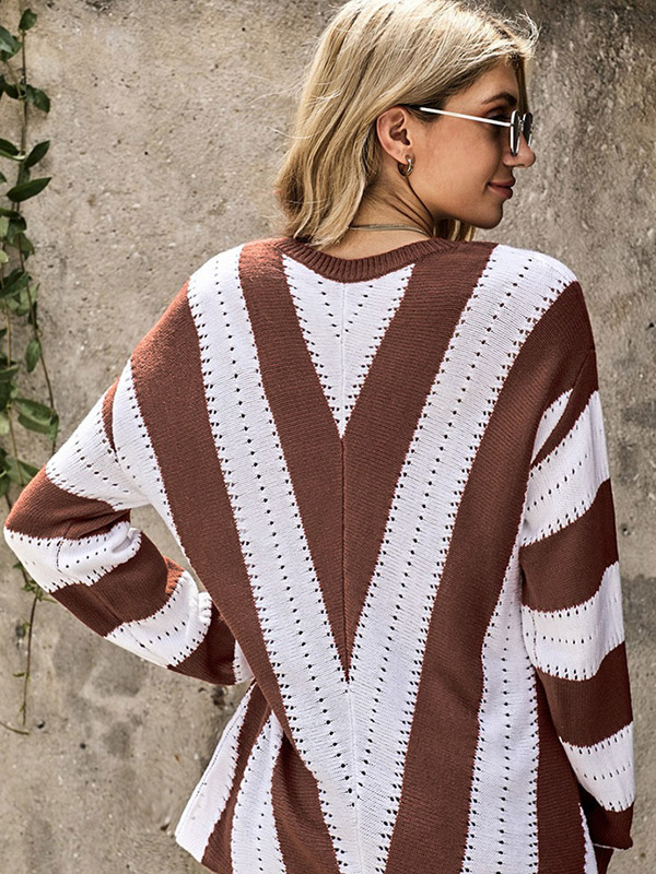 Brown Oversize V-neck Knit Sweaters With Stripes Patterns