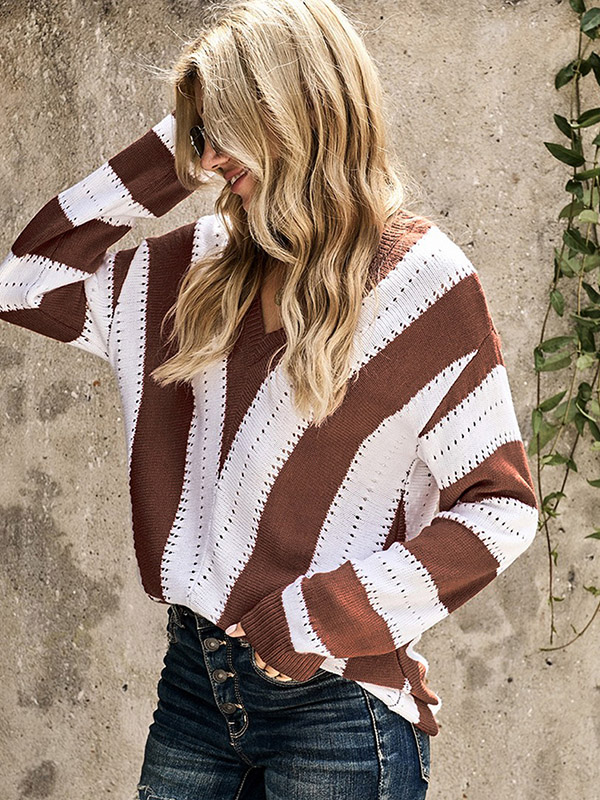 Brown Oversize V-neck Knit Sweaters With Stripes Patterns