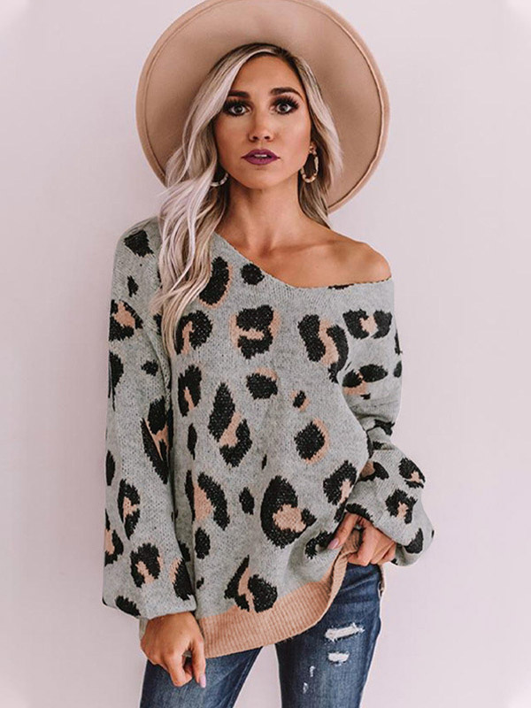 Grey V-neck Leopard Pattern Oversize Knit Sweaters