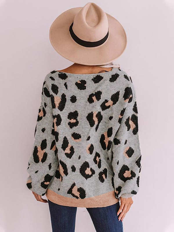 Grey V-neck Leopard Pattern Oversize Knit Sweaters