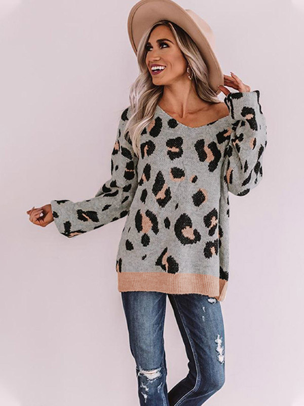 Grey V-neck Leopard Pattern Oversize Knit Sweaters