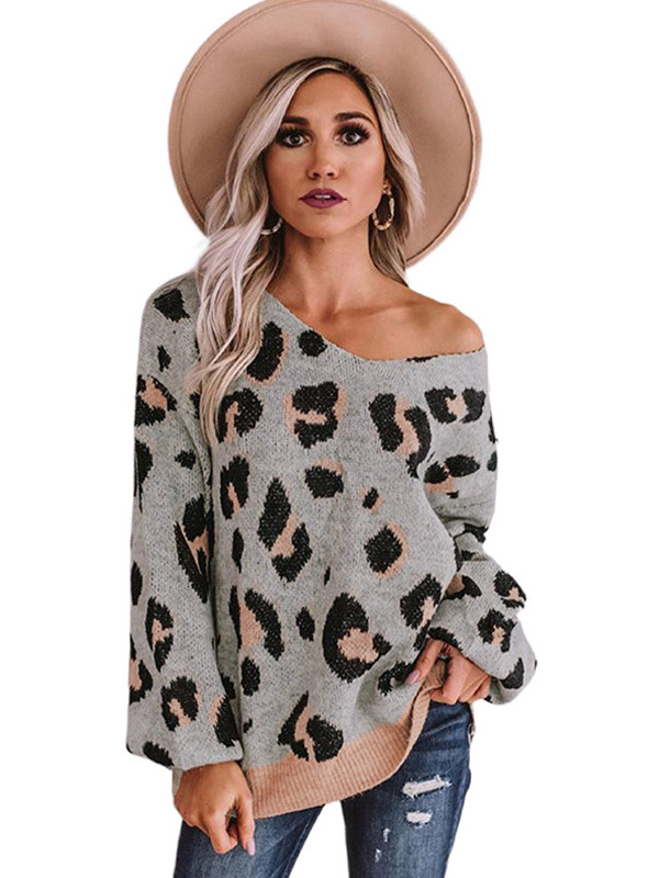 Grey V-neck Leopard Pattern Oversize Knit Sweaters