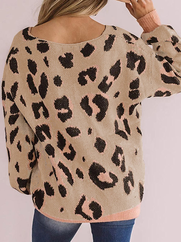 Brown V-neck Leopard Pattern Oversize Knit Sweaters