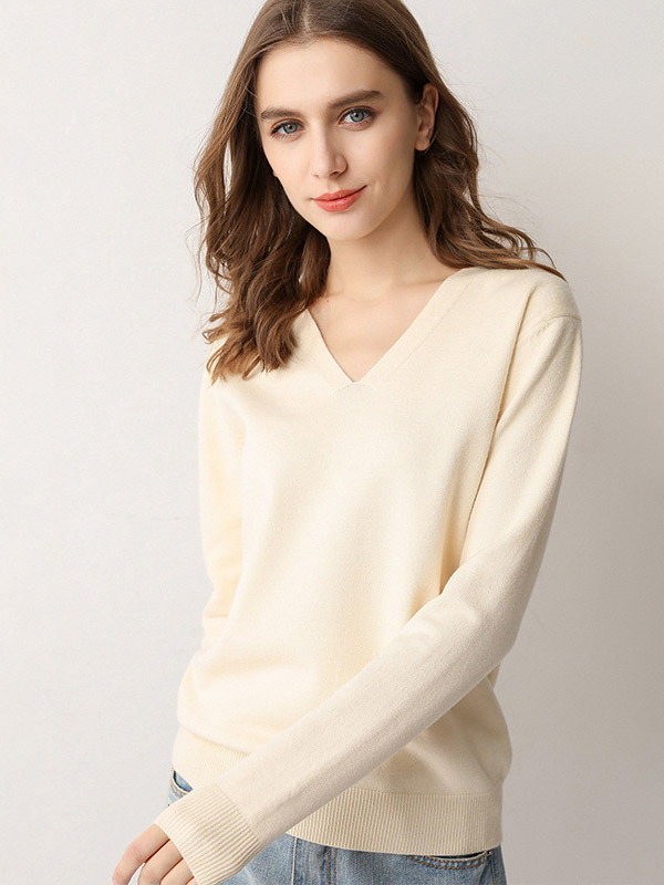 Beige V-neck Comfortable Base Knit Sweaters