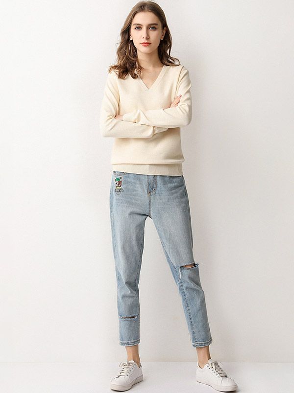 Beige V-neck Comfortable Base Knit Sweaters