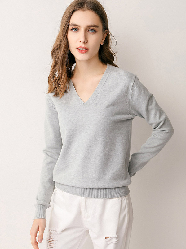 Grey V-neck Comfortable Base Knit Sweaters