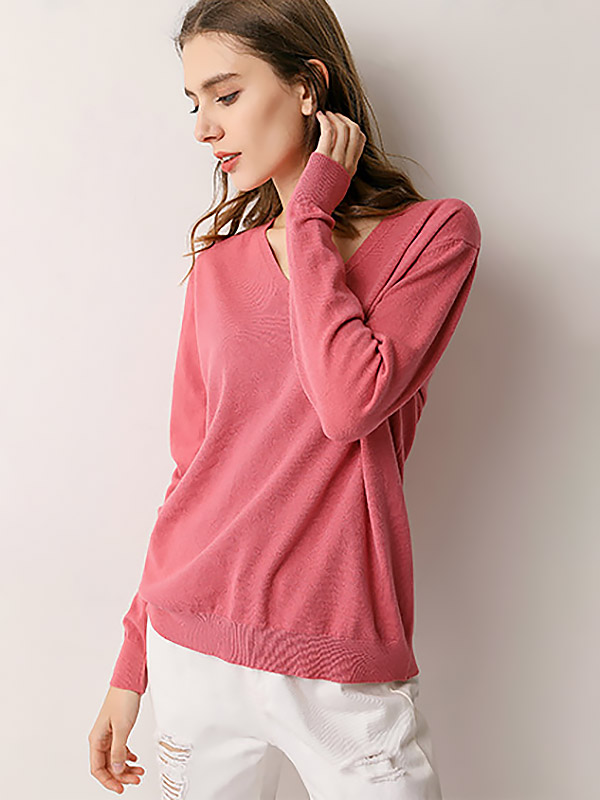 Pink V-neck Comfortable Base Knit Sweaters