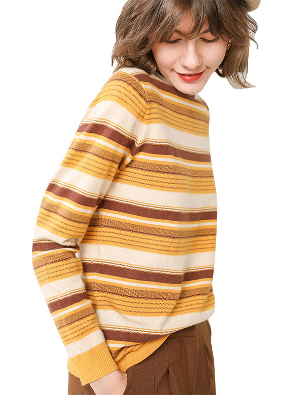 Yellow Funnel Neck Stripes Design Knit Sweaters