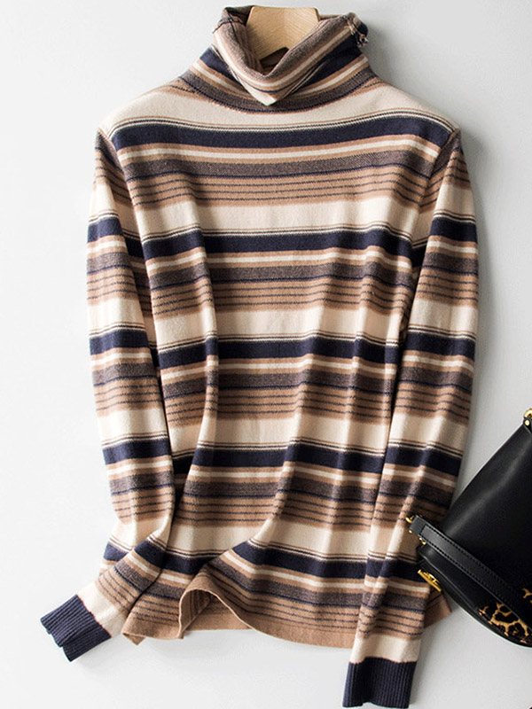 Blue Funnel Neck Stripes Design Knit Sweaters