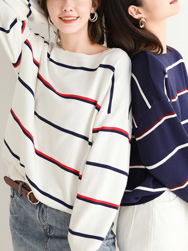 White Round Neck Knit Sweaters With Stripes