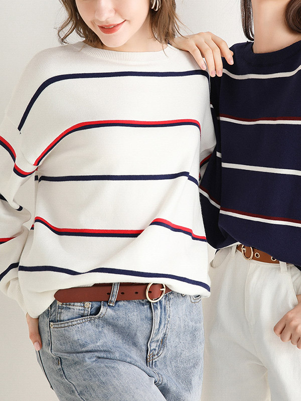 White Round Neck Knit Sweaters With Stripes