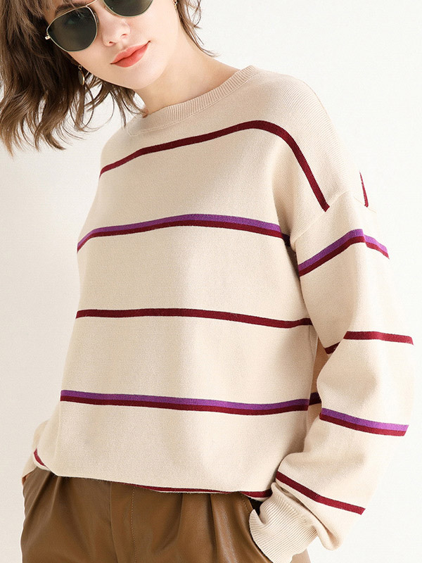 Apricot Round Neck Knit Sweaters With Stripes