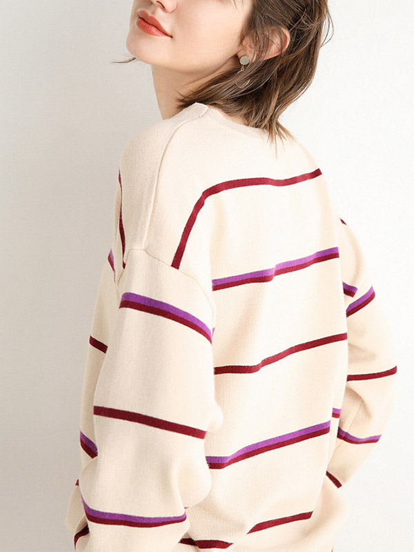 Apricot Round Neck Knit Sweaters With Stripes