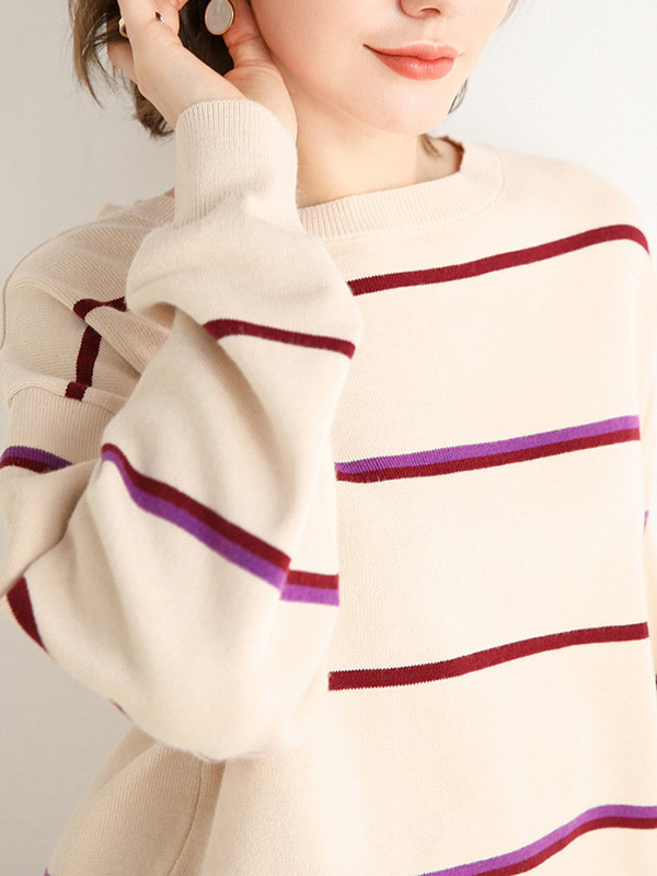 Apricot Round Neck Knit Sweaters With Stripes