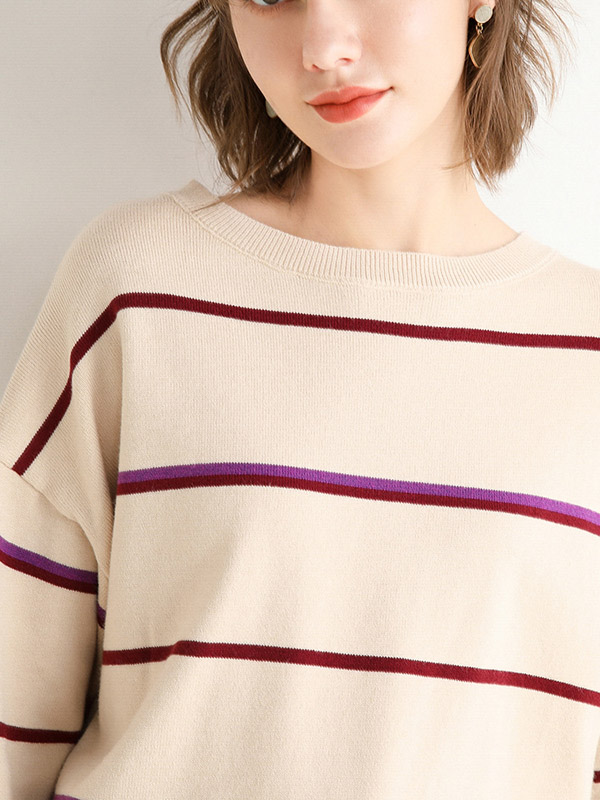 Apricot Round Neck Knit Sweaters With Stripes