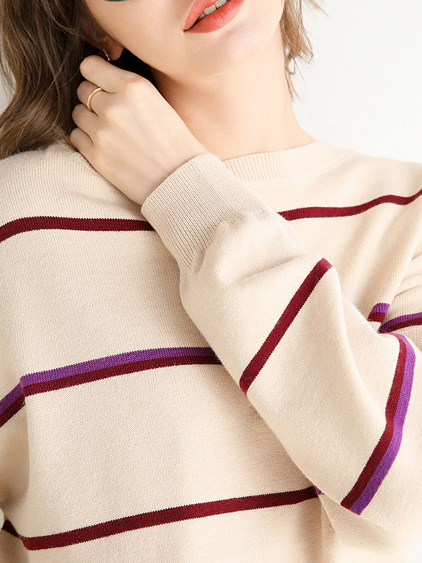 Apricot Round Neck Knit Sweaters With Stripes