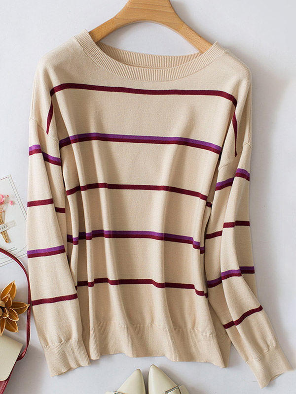 Apricot Round Neck Knit Sweaters With Stripes