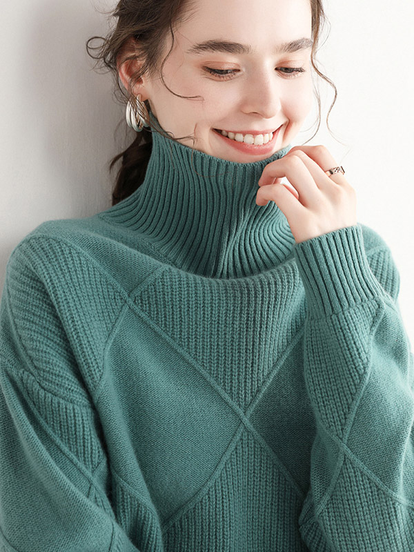 Green Diamond Lattice Pattern Knit Sweaters