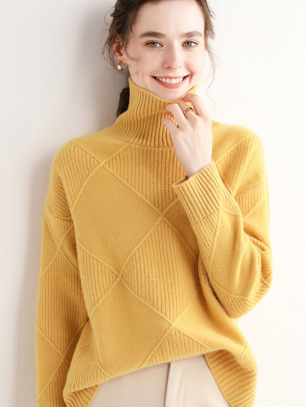 Yellow Diamond Lattice Pattern Knit Sweaters