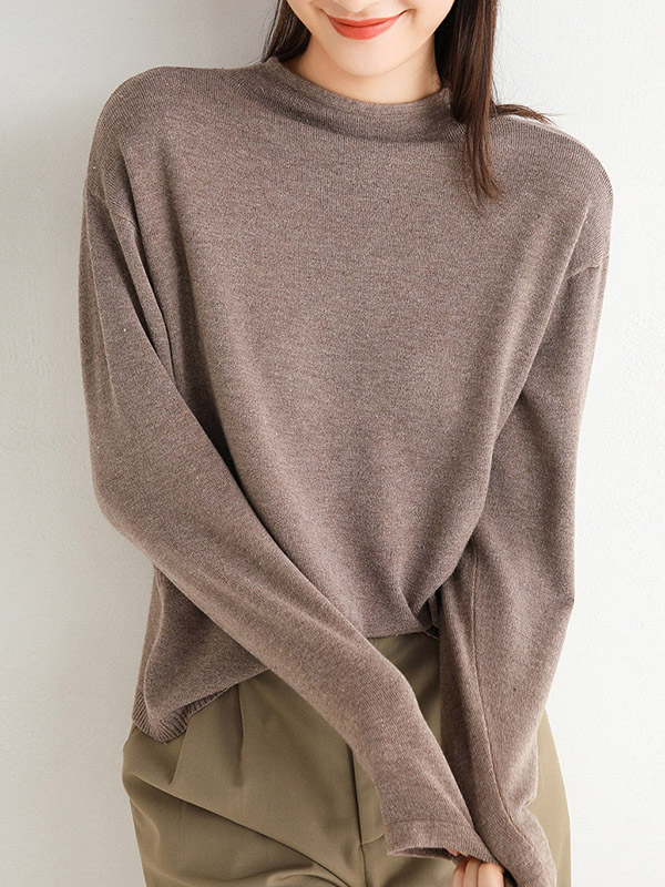 Camel Round Neck Solid Color Knit Sweaters