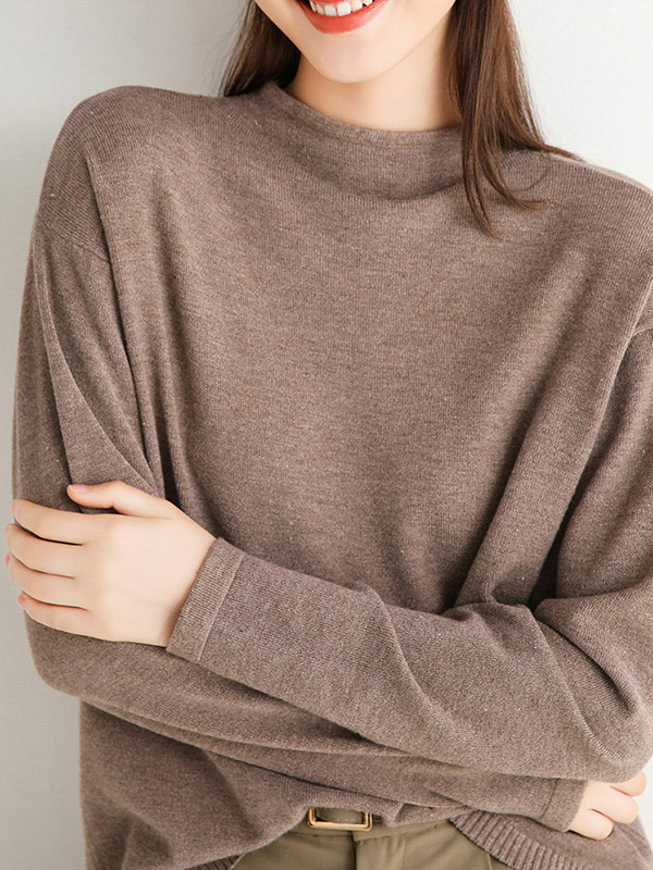 Camel Round Neck Solid Color Knit Sweaters