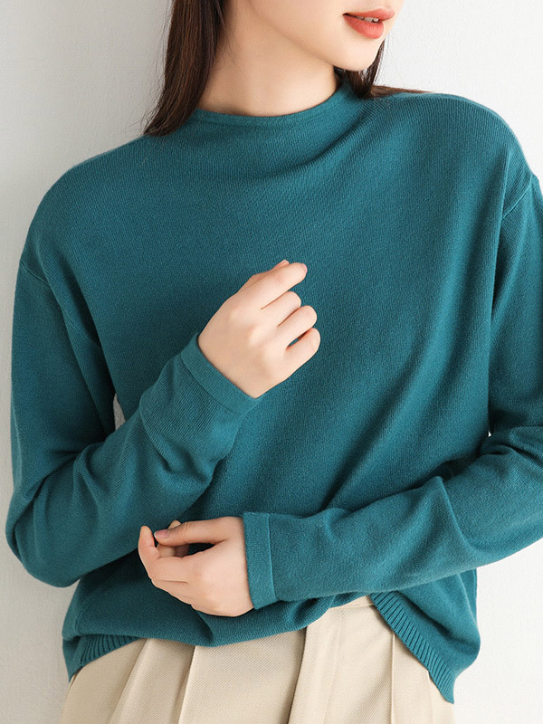 Blue Round Neck Solid Color Knit Sweaters