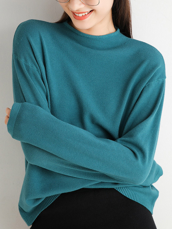 Blue Round Neck Solid Color Knit Sweaters